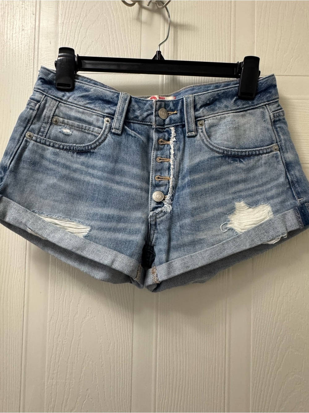 We The Free Light Wash Distressed Button-Front Denim Shorts